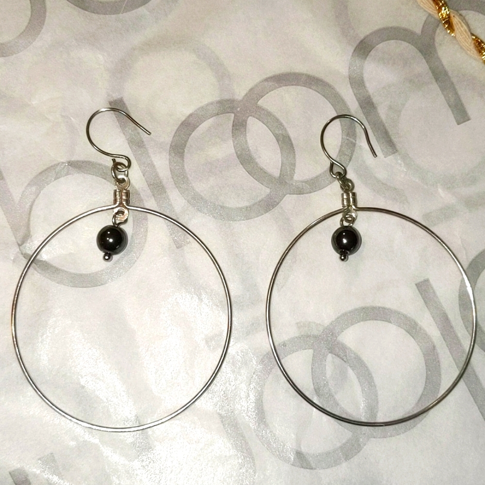 1.5" silver hoops with small tahitian pearl bead